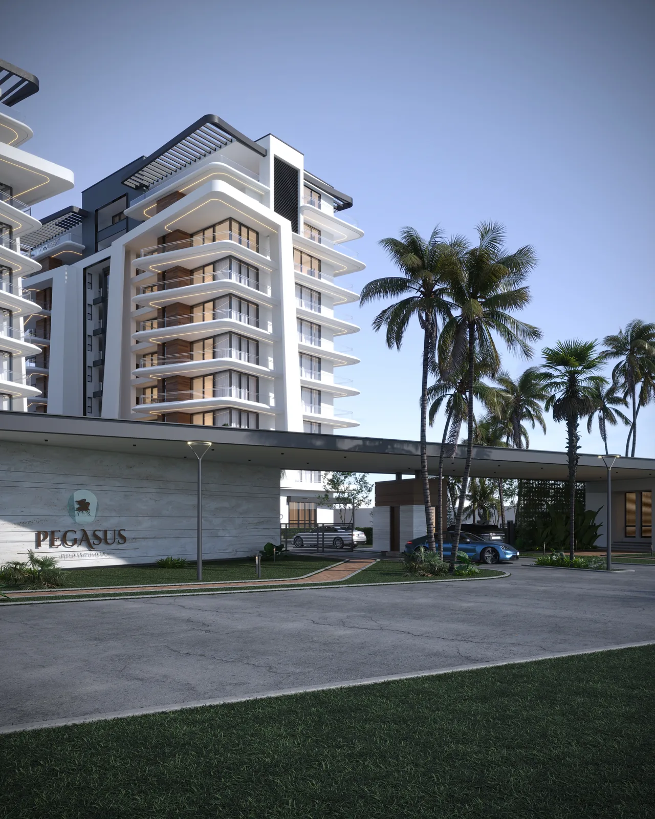 Pegasus Apartments — Driveway at dusk