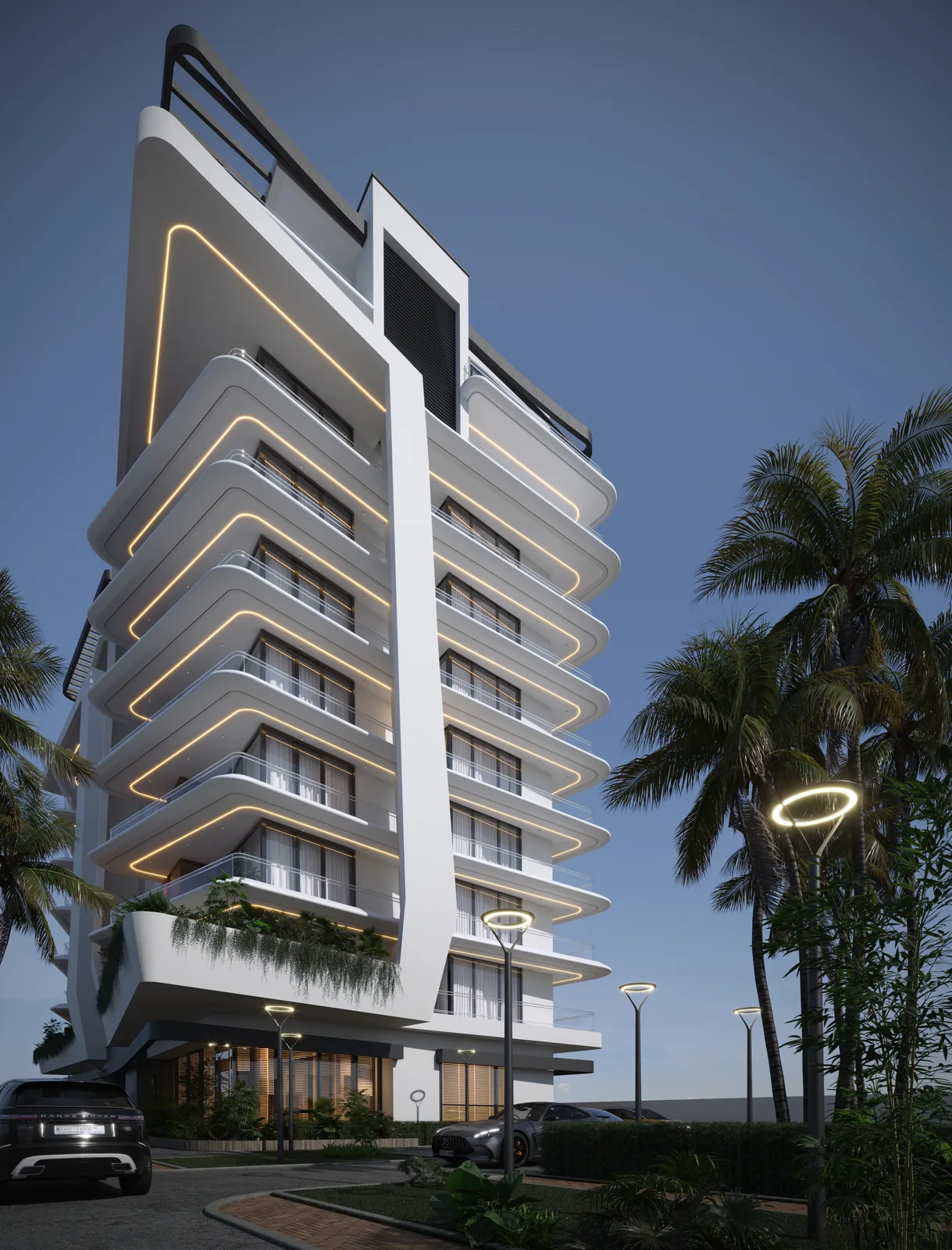 Pegasus Apartments — Tower at night