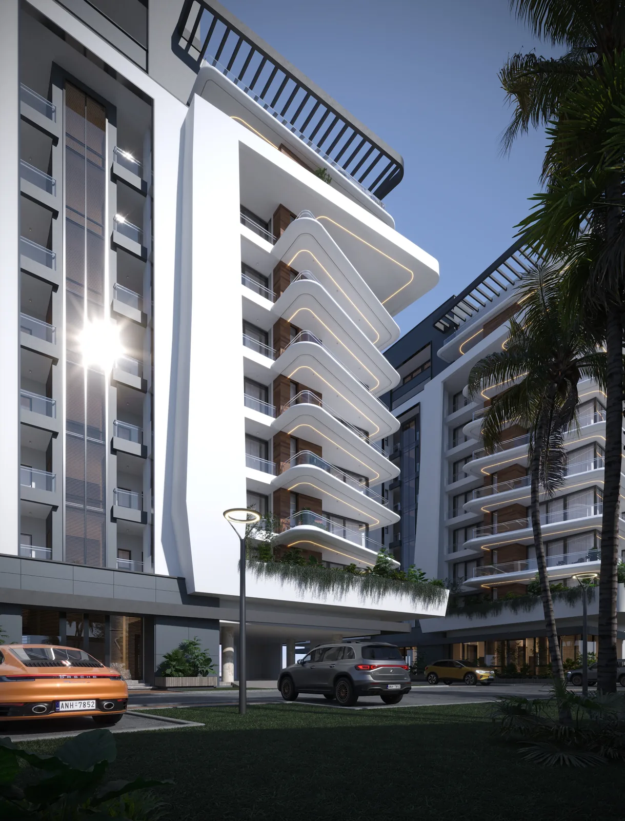 Pegasus Apartments — Balconies at dusk
