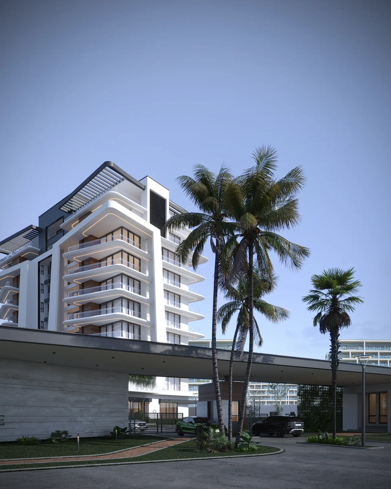 Pegasus Apartments — Driveway and palms