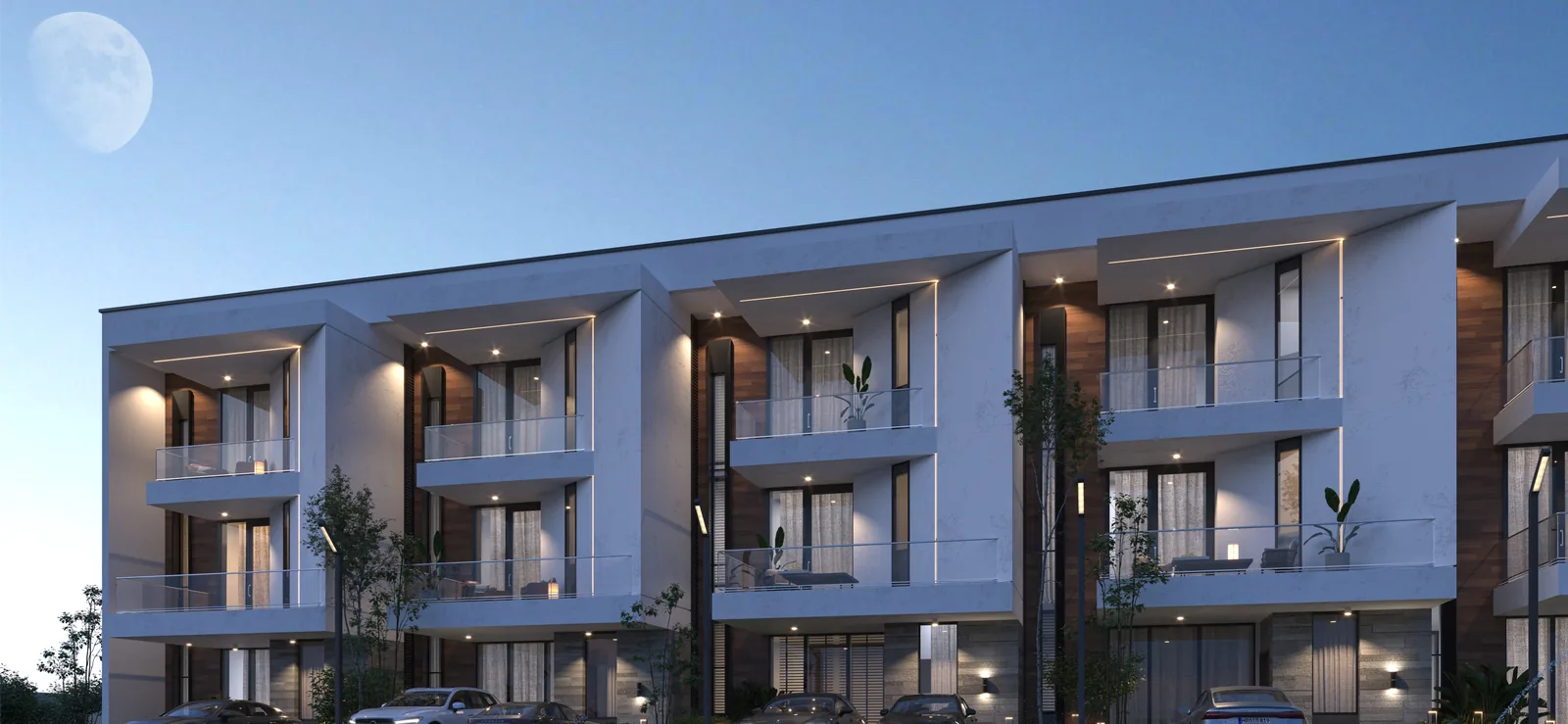Qoral Grove Residence Ikeja — The terrace row under the moon